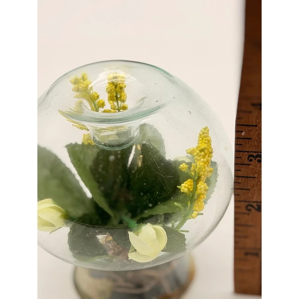 Vintage Glass Orb Candle Holder Encased Faux Yellow White Flowers Terrarium 3.5